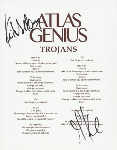 ATLAS GENIUS SIGNED TROJANS LYRIC SHEET