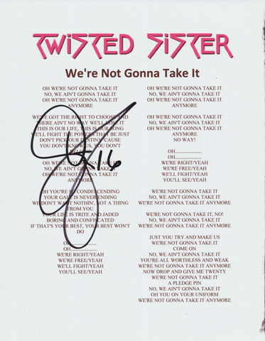 DEE SNIDER SIGNED TWISTED SISTER WE'RE NOT GONNA TAKE IT LYRIC SHEET