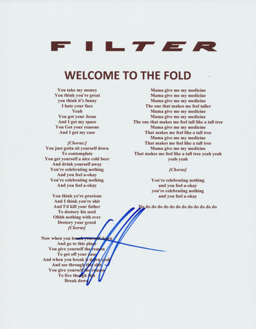 RICHARD PATRICK SIGNED FILTER WELCOME TO THE FOLD LYRIC SHEET