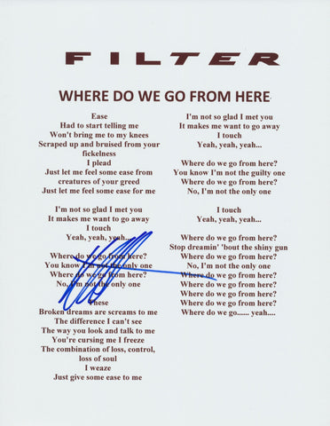 RICHARD PATRICK SIGNED FILTER  WHERE DO WE GO FROM HERE LYRIC SHEET