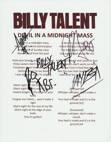 BILLY TALENT SIGNED DEVIL IN A MIDNIGHT MASS LYRIC SHEET