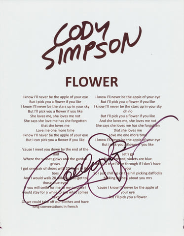 CODY SIMPSON SIGNED FLOWER LYRIC SHEET