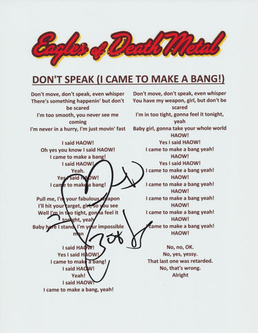 JESSE HUGHES SIGNED EAGLES OF DEATH METAL DON'T SPEAK LYRIC SHEET