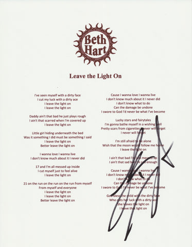 BETH HART SIGNED LEAVE THE LIGHT ON LYRIC SHEET