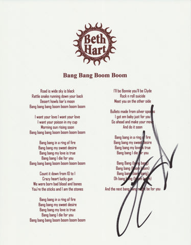 BETH HART SIGNED BANG BANG BOOM BOOM LYRIC SHEET