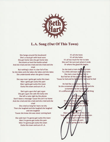 BETH HART SIGNED L.A. SONG (OUT OF THIS TOWN) LYRIC SHEET